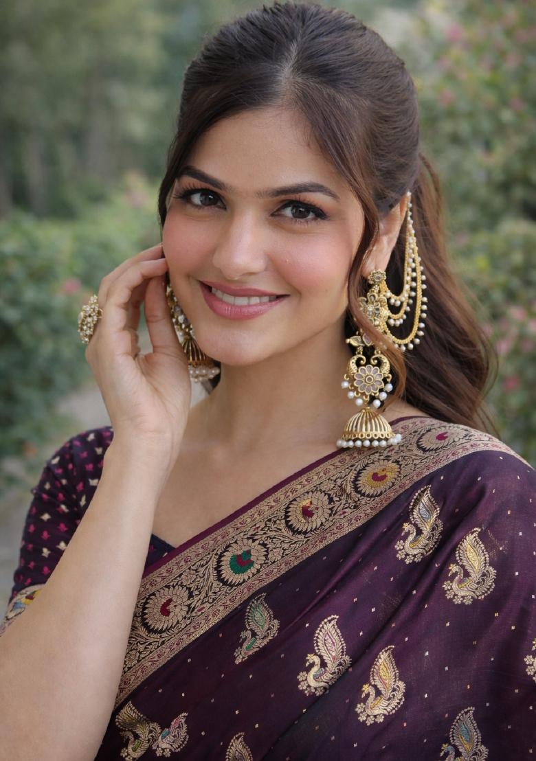 Wine Embroidered Banarasi Silk Blend Saree Set - Indya
