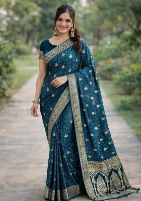 Turquoise Embroidered Banarasi Silk Blend Saree Set