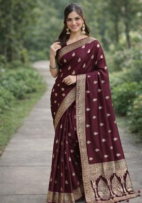 Maroon Embroidered Banarasi Silk Blend Saree Set