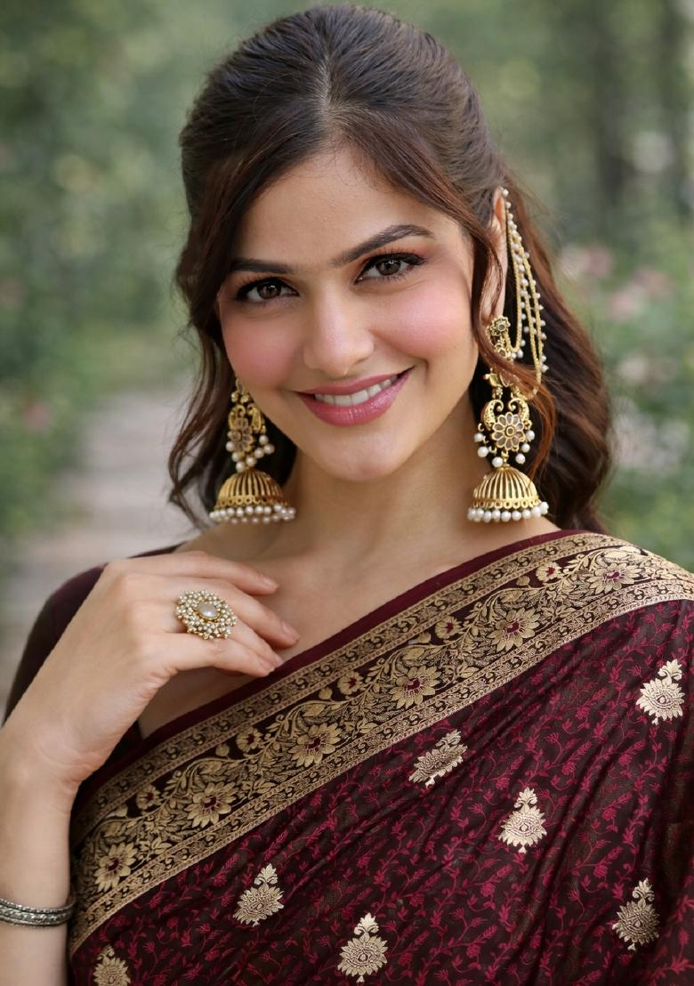 Maroon Embroidered Banarasi Silk Blend Saree Set - Indya
