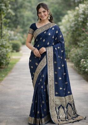 Blue Embroidered Banarasi Silk Blend Saree Set
