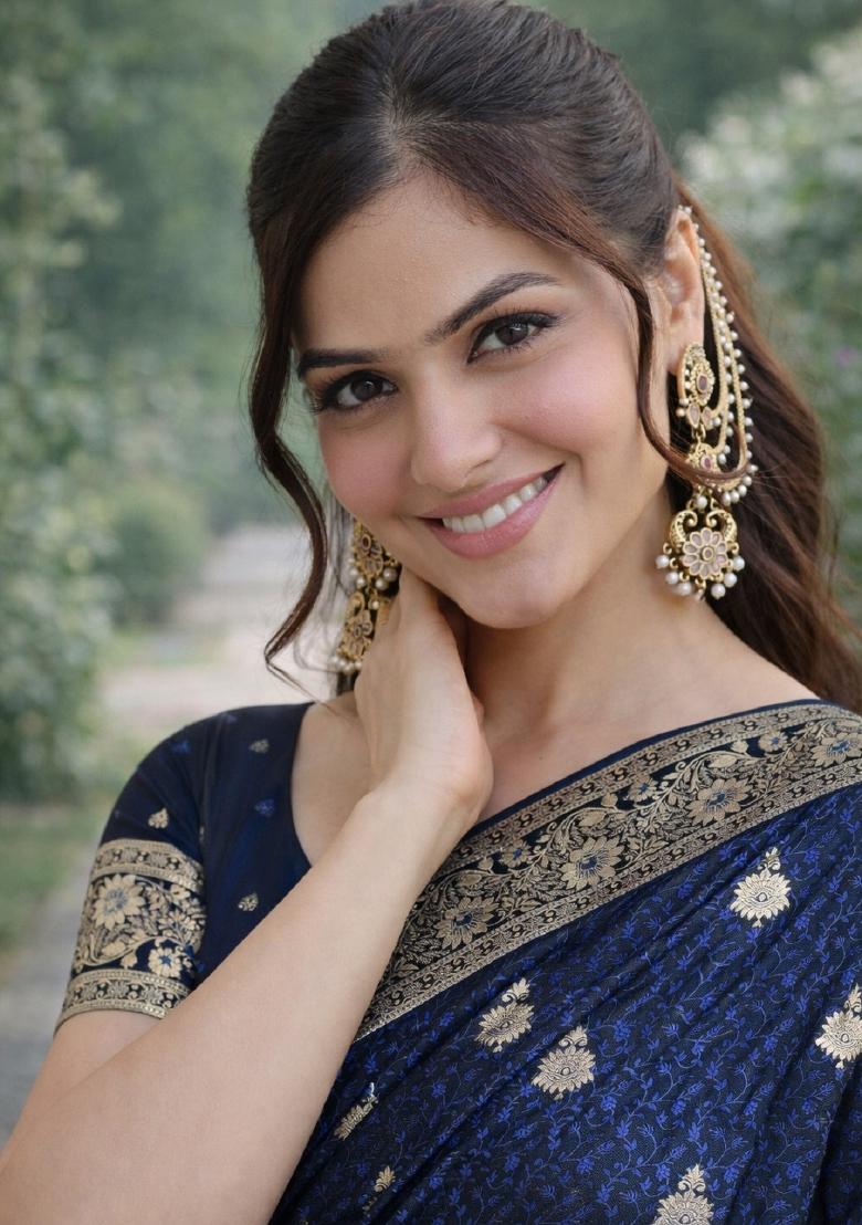 Blue Embroidered Banarasi Silk Blend Saree Set - Indya