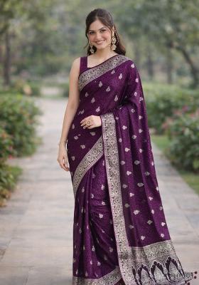 Wine Embroidered Banarasi Silk Blend Saree Set