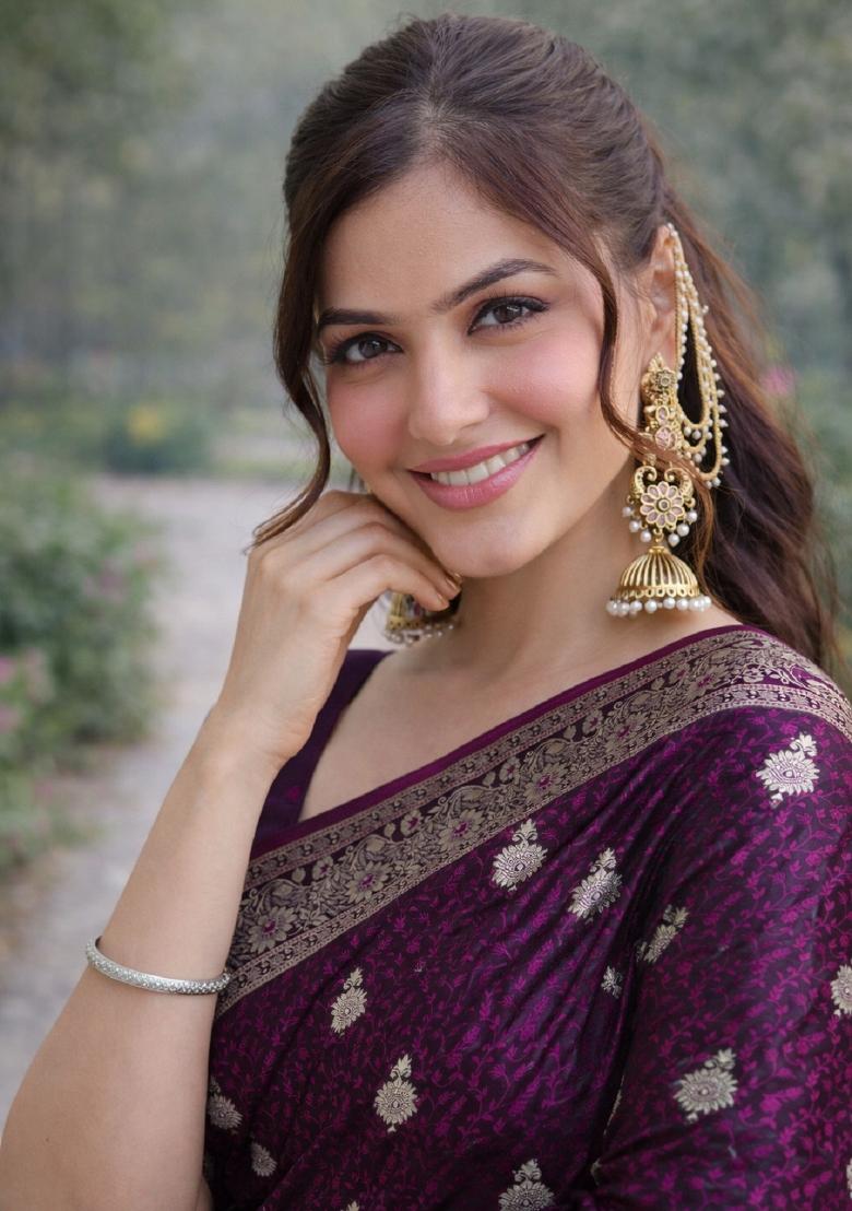 Wine Embroidered Banarasi Silk Blend Saree Set - Indya