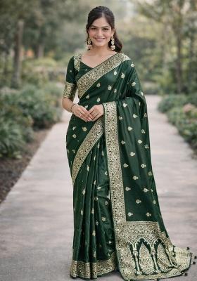 Green Embroidered Banarasi Silk Blend Saree Set