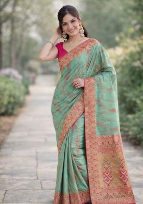 Sky Blue Embroidered Banarasi Silk Blend Saree Set