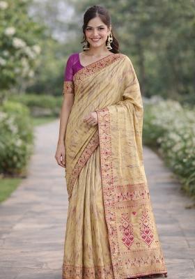Cream Embroidered Banarasi Silk Blend Saree Set