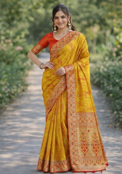 Yellow Embroidered Banarasi Silk Blend Saree Set