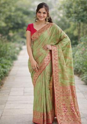 Light Green Embroidered Banarasi Silk Blend Saree Set