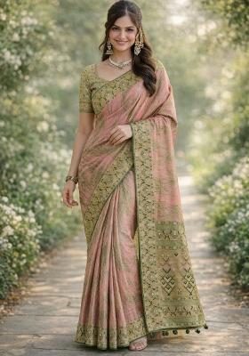 Baby Pink Embroidered Banarasi Silk Blend Saree Set