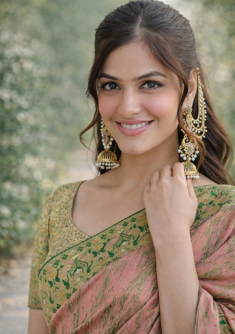 Baby Pink Embroidered Banarasi Silk Blend Saree Set - Indya