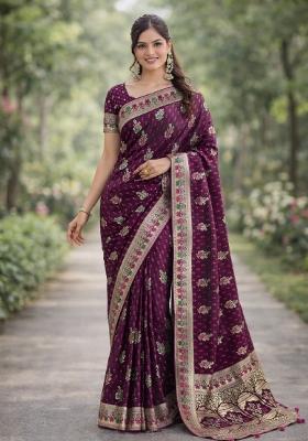 Wine Embroidered Banarasi Silk Blend Saree Set