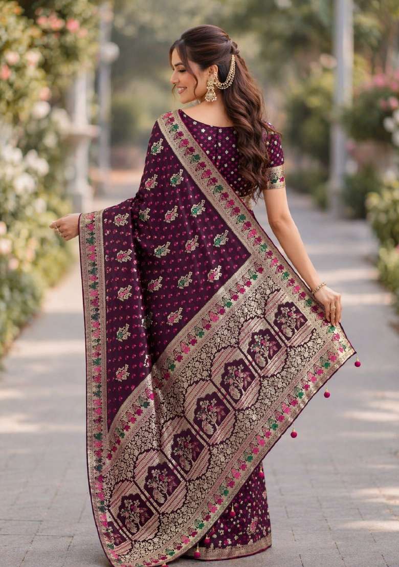 Wine Embroidered Banarasi Silk Blend Saree Set - Indya