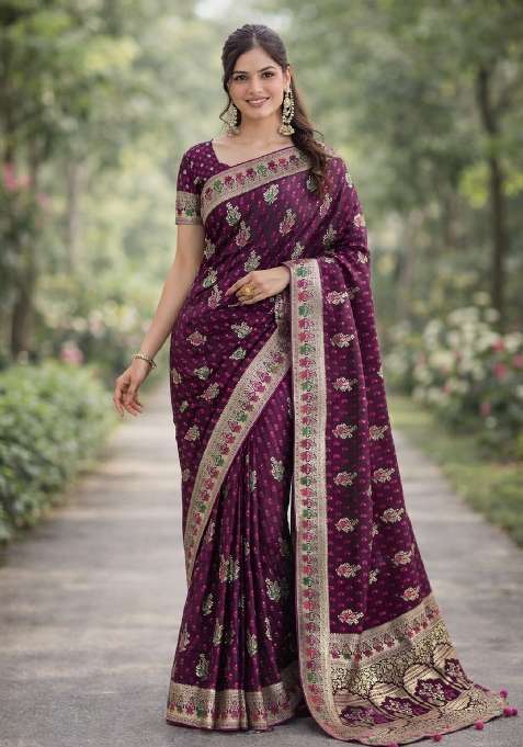 Wine Embroidered Banarasi Silk Blend Saree Set