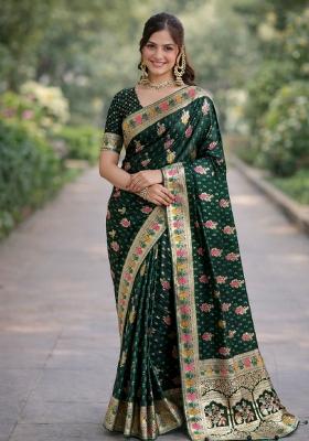 Green Embroidered Banarasi Silk Blend Saree Set