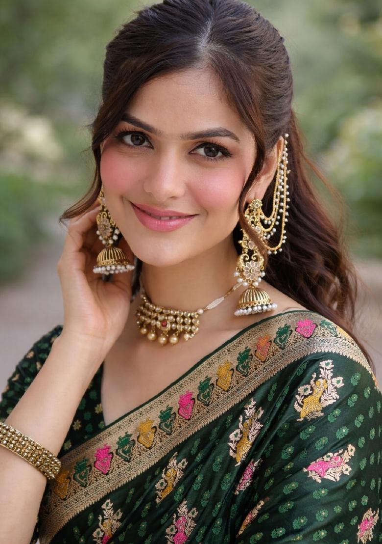 Green Embroidered Banarasi Silk Blend Saree Set - Indya