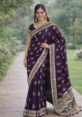 Plum Embroidered Banarasi Silk Blend Saree Set