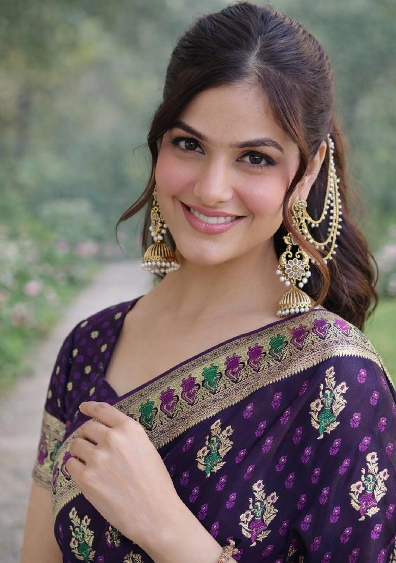 Plum Embroidered Banarasi Silk Blend Saree Set - Indya