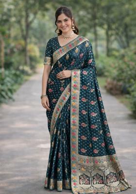 Turquoise Embroidered Banarasi Silk Blend Saree Set