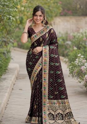 Maroon Embroidered Banarasi Silk Blend Saree Set