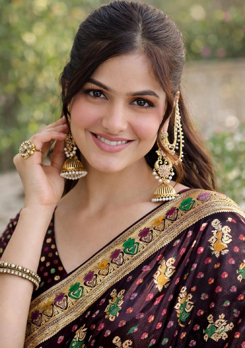 Maroon Embroidered Banarasi Silk Blend Saree Set - Indya