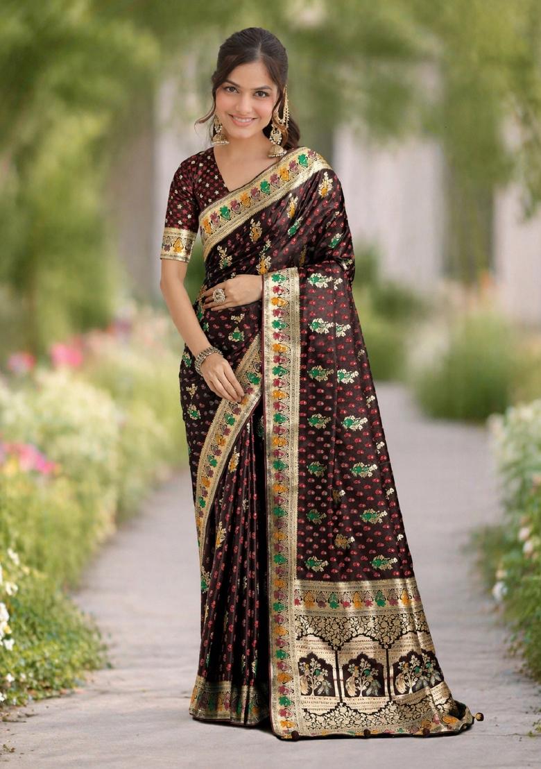 Maroon Embroidered Banarasi Silk Blend Saree Set - Indya