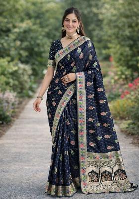 Blue Embroidered Banarasi Silk Blend Saree Set