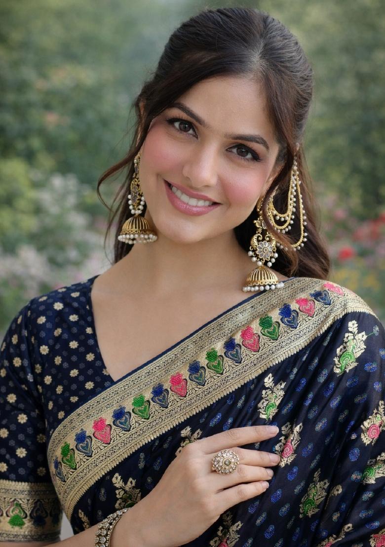Blue Embroidered Banarasi Silk Blend Saree Set - Indya