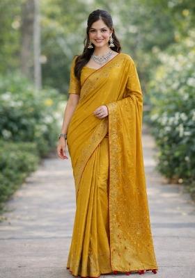 Yellow Embroidered Banarasi Silk Blend Saree Set