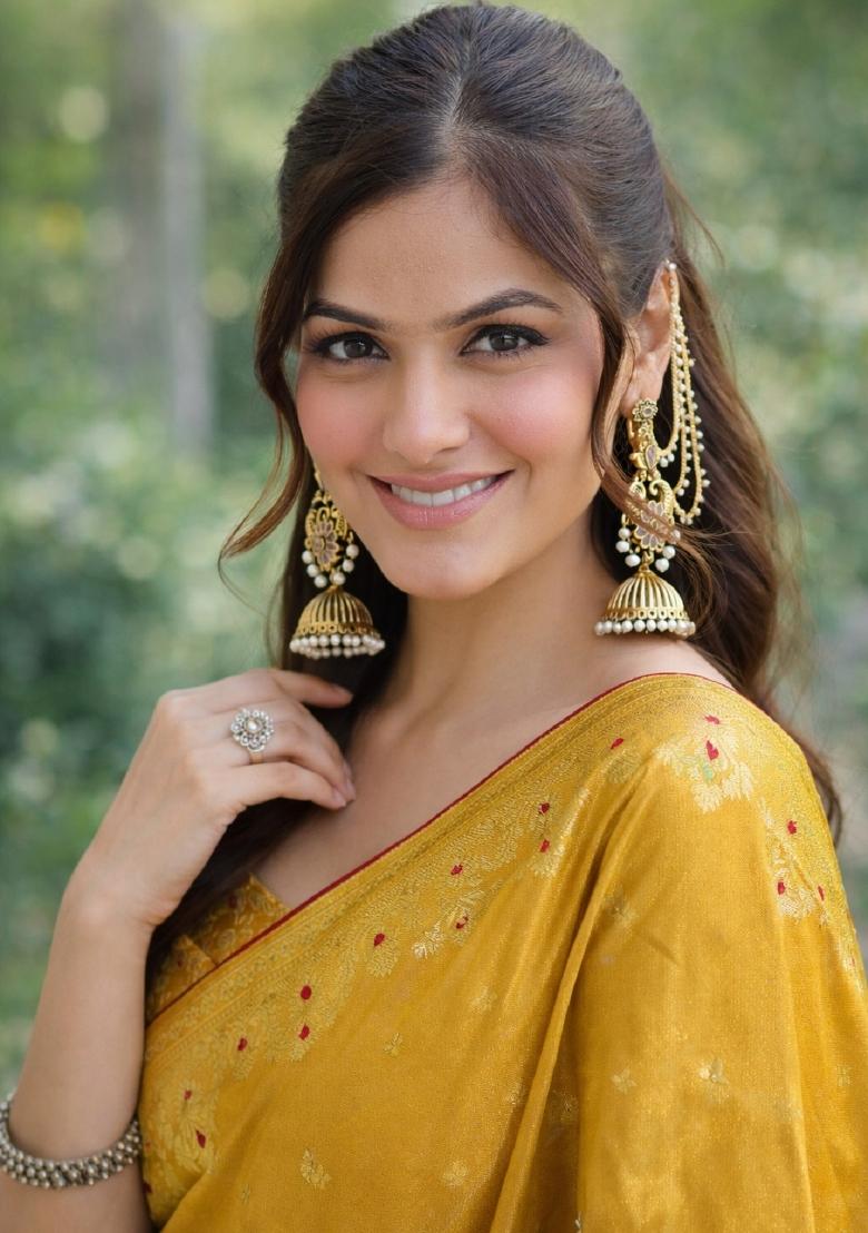 Yellow Embroidered Banarasi Silk Blend Saree Set - Indya