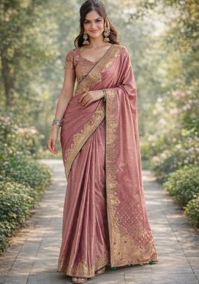 Light Pink Embroidered Banarasi Silk Blend Saree Set