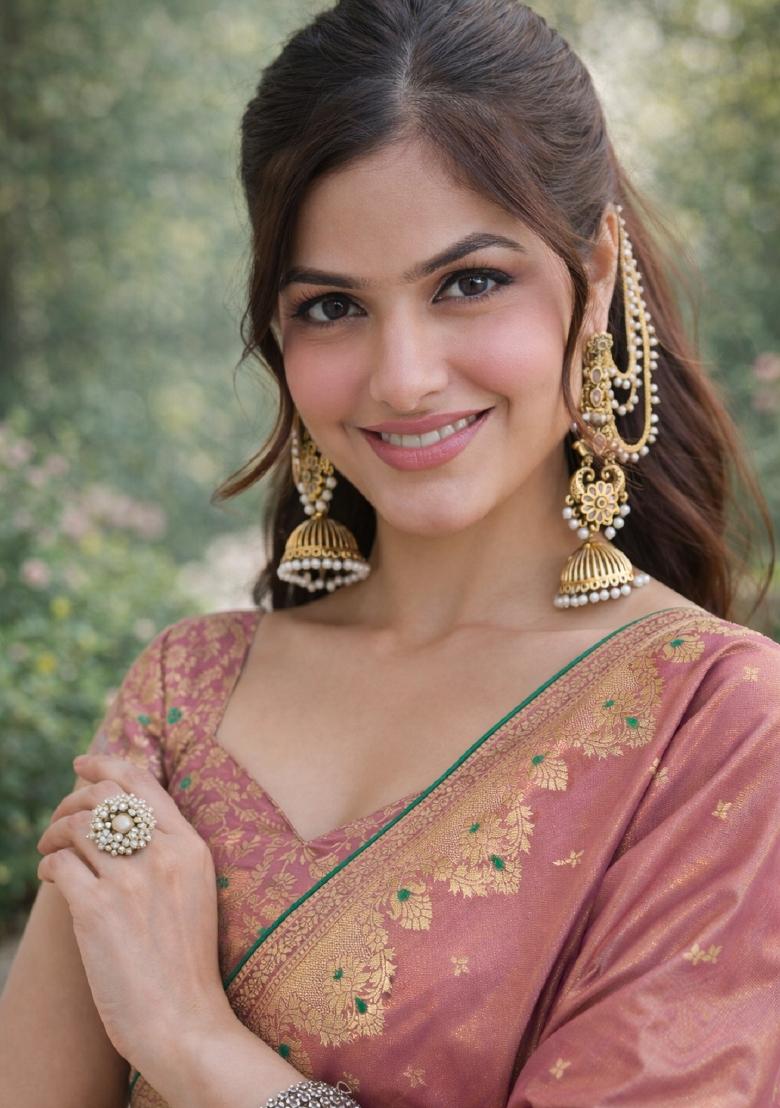Light Pink Embroidered Banarasi Silk Blend Saree Set - Indya