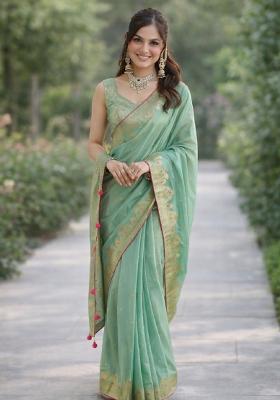 Light Green Embroidered Banarasi Silk Blend Saree Set