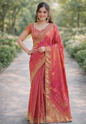 Pink Embroidered Banarasi Silk Blend Saree Set