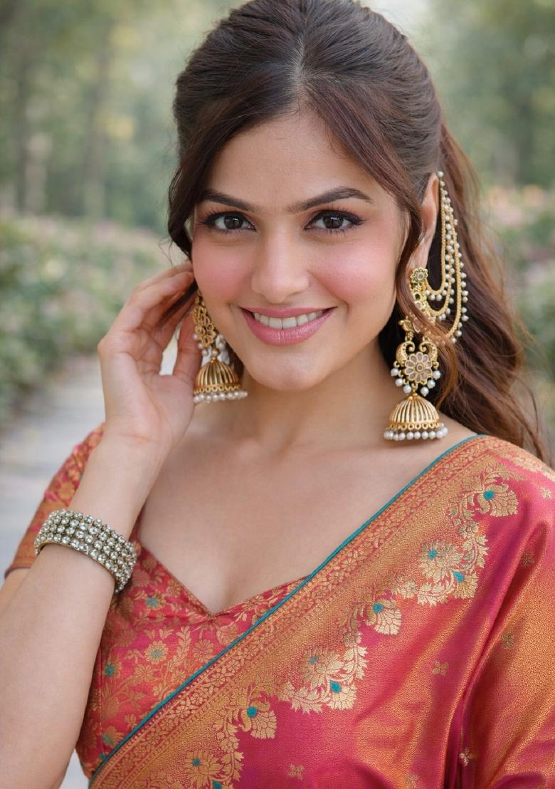 Pink Embroidered Banarasi Silk Blend Saree Set - Indya