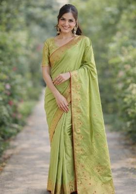 Parrot Green Embroidered Banarasi Silk Blend Saree Set
