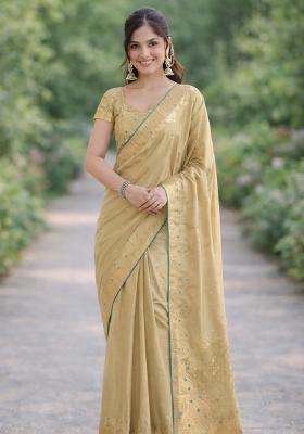 Cream Embroidered Banarasi Silk Blend Saree Set