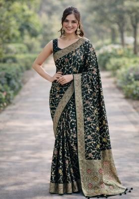 Green Embroidered Banarasi Silk Blend Saree Set