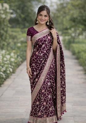 Wine Embroidered Banarasi Silk Blend Saree Set