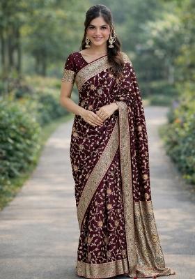 Maroon Embroidered Banarasi Silk Blend Saree Set