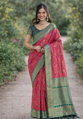Pink Embroidered Banarasi Silk Blend Saree Set