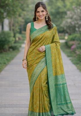 Parrot Green Embroidered Banarasi Silk Blend Saree Set
