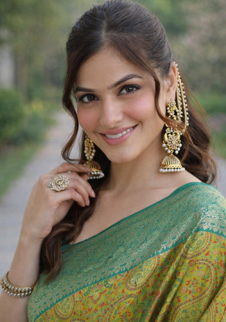 Parrot Green Embroidered Banarasi Silk Blend Saree Set - Indya
