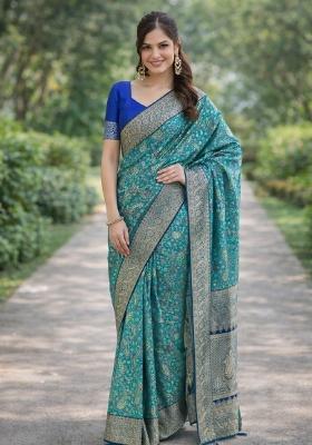 Sky Blue Embroidered Banarasi Silk Blend Saree Set