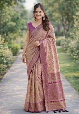 Cream Embroidered Banarasi Silk Blend Saree Set