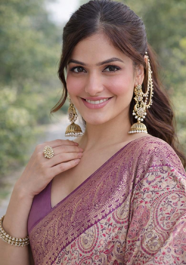 Cream Embroidered Banarasi Silk Blend Saree Set - Indya