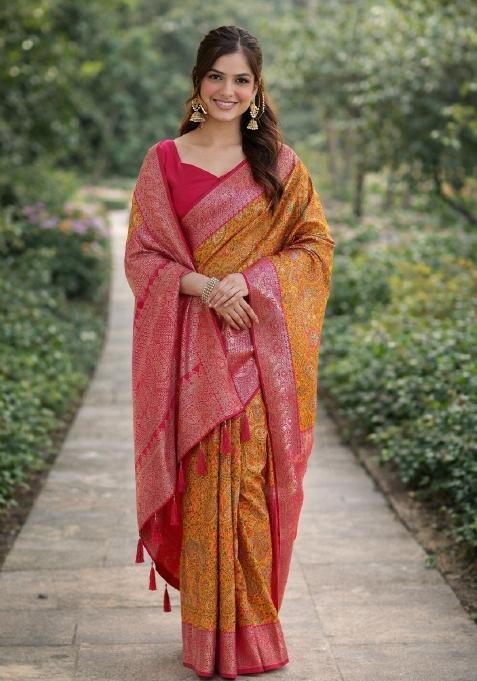 Mustard Embroidered Banarasi Silk Blend Saree Set