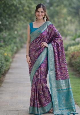 Wine Embroidered Banarasi Silk Blend Saree Set