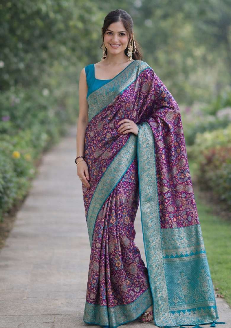 Wine Embroidered Banarasi Silk Blend Saree Set - Indya