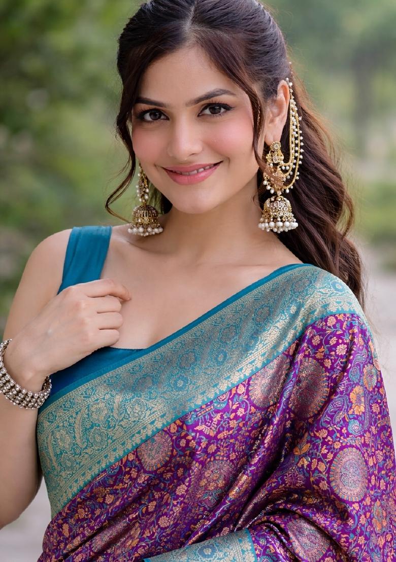 Wine Embroidered Banarasi Silk Blend Saree Set - Indya